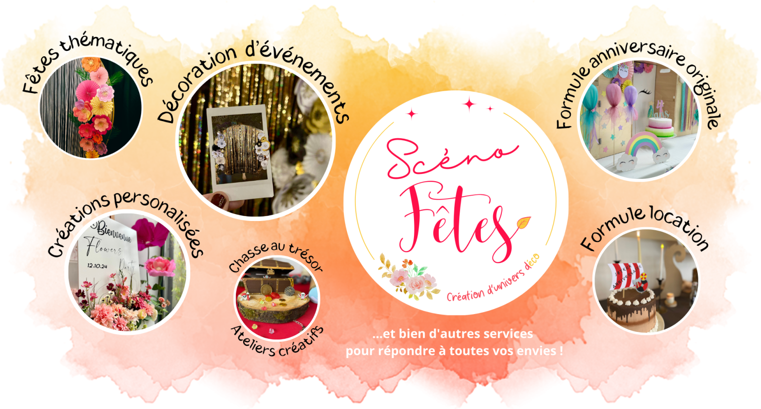 Scénofêtes décoration d'événements, chasse au trésor, arche, fête anniversaire,retraite pension, baptême, créations originales personnalisées écoresponsables