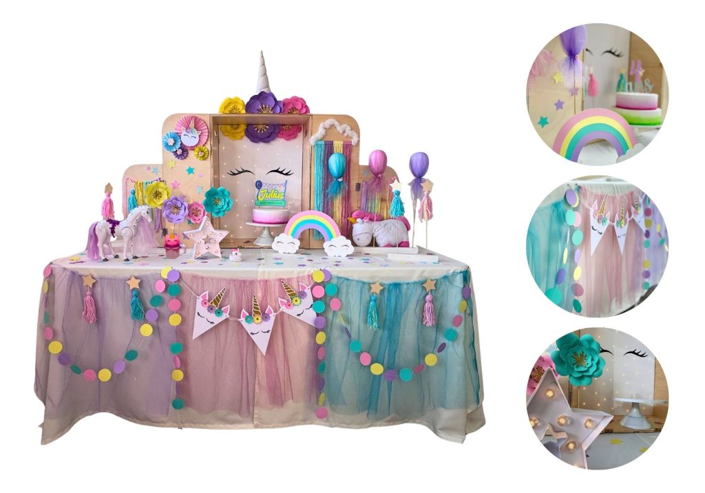 Scéno'Kids formule Anniversaire enfant originale table décorée location de décoration fête à thème licorne, pirates, super héros, vikings, fées, Kit créatif chasse au trésor  à Namur Wallonie et alentours fête écoresponsable