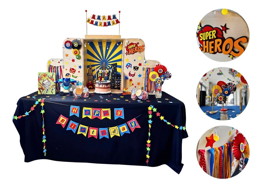Scéno'Kids formule Anniversaire enfant originale table décorée location de décoration fête à thème licorne, pirates, super héros, vikings, fées, Kit créatif chasse au trésor  à Namur Wallonie et alentours fête écoresponsable