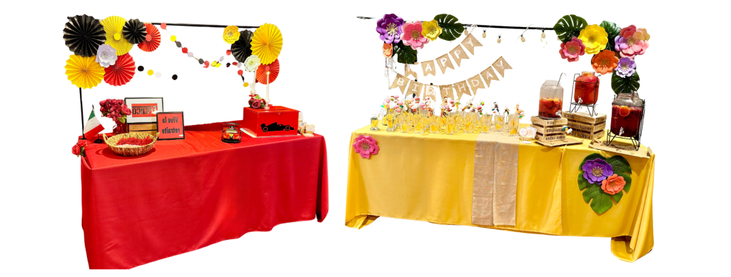 Table mise en scène décorée décoration personnalisée à Namur table cocktail table de présentation pour fête anniversaire garden party départ à la pension